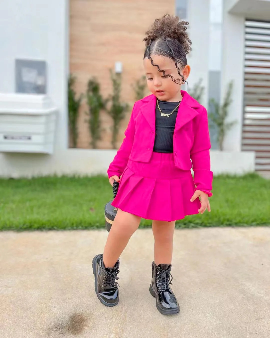Toddler girl cotton jacket and skirt set by Showlu Fashion, size 2-8Y, featuring a cute, comfortable outfit for young children.