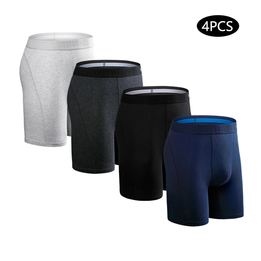 Set of four men's long leg boxer shorts by SRBONITOS, cotton plus size trunks, shown in various colors.