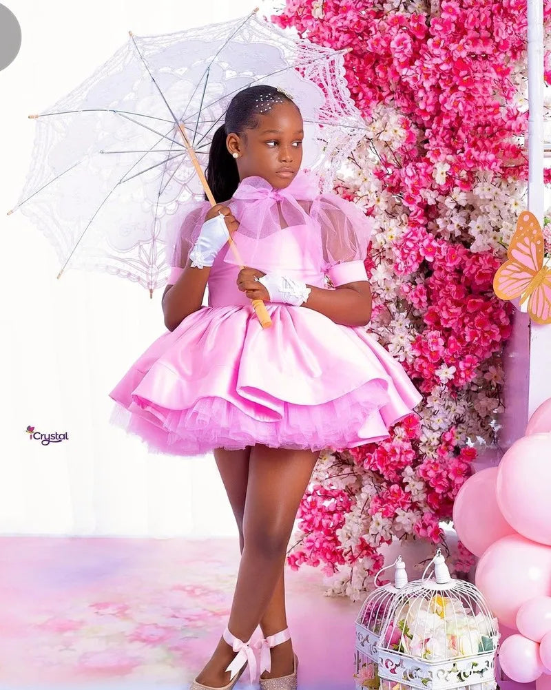 Pink Ball Gown Flower Girl Dresses Customized Tulle Tiered Ruffles Children Birthday Party Gowns High Neck Kids Wedding Dress