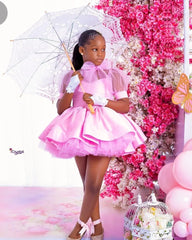 Pink Ball Gown Flower Girl Dresses Customized Tulle Tiered Ruffles Children Birthday Party Gowns High Neck Kids Wedding Dress