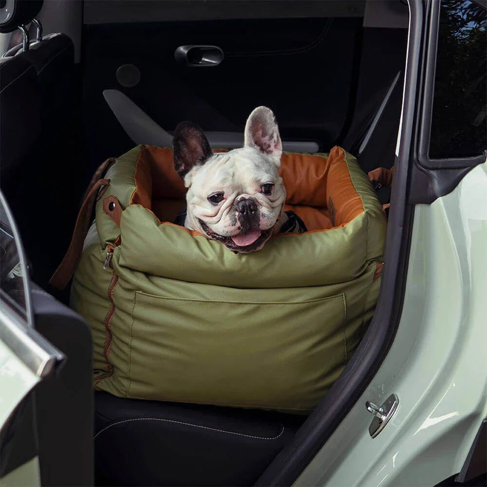 Luxury faux leather dog car seat by Showlu Fashion Store, comfortable pet booster bed with secure sides and cushioned interior.
