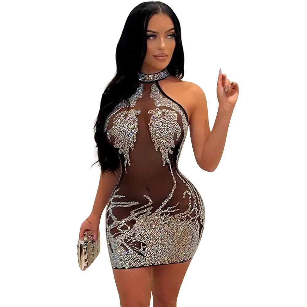 Sexy Mesh Rhinestone Short Prom Evening Mini Dress See Through Outfits Luxury For Women Night Club Party Diamond Bodycon Dresses SHOWLU FASHION STORE