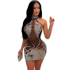 Sexy Mesh Rhinestone Short Prom Evening Mini Dress See Through Outfits Luxury For Women Night Club Party Diamond Bodycon Dresses SHOWLU FASHION STORE
