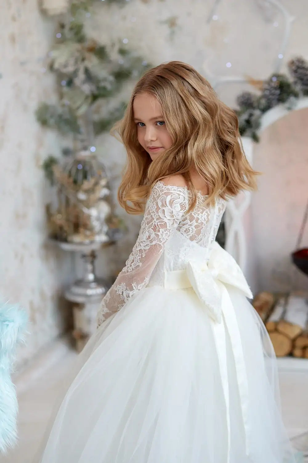 Ivory lace and tulle flower girl dress by Showlu Fashion Store, ball gown style with floral details and a full skirt.