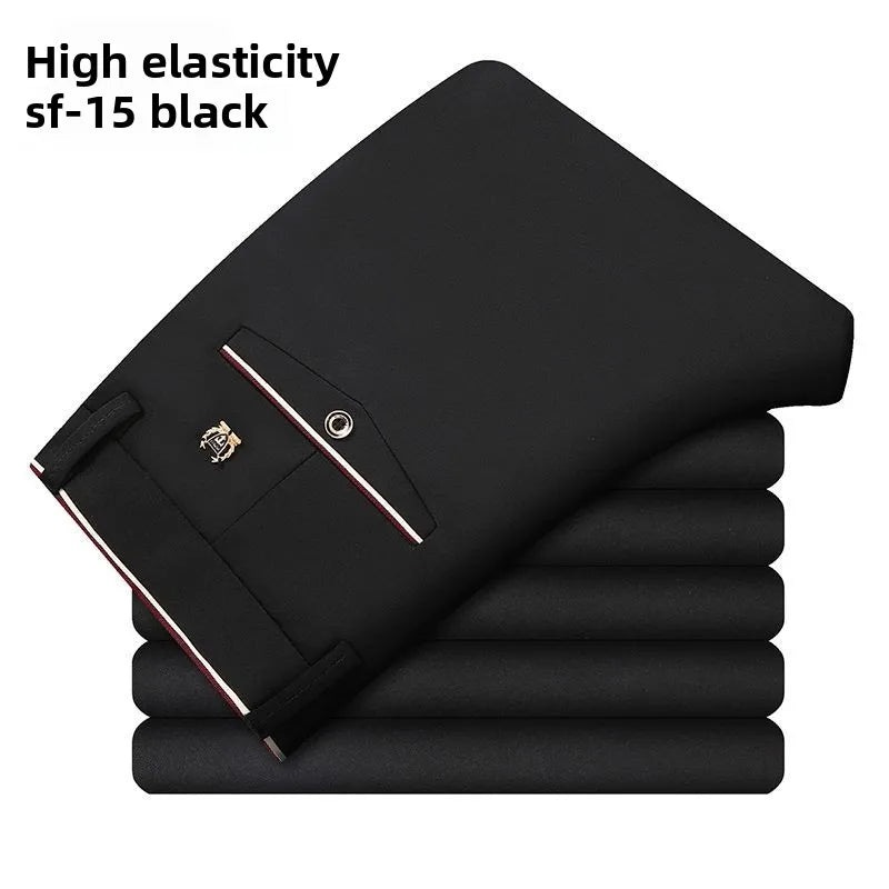 Men's stretch travel dress pants by Showlu Fashion, slim fit lightweight business trousers with no-iron fabric for office and travel.
