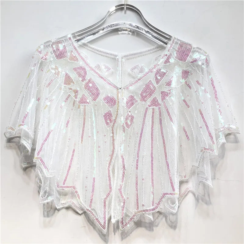 1920s retro beaded sequin flapper shawl, short cape with decorative beads, evening party outerwear for ladies.