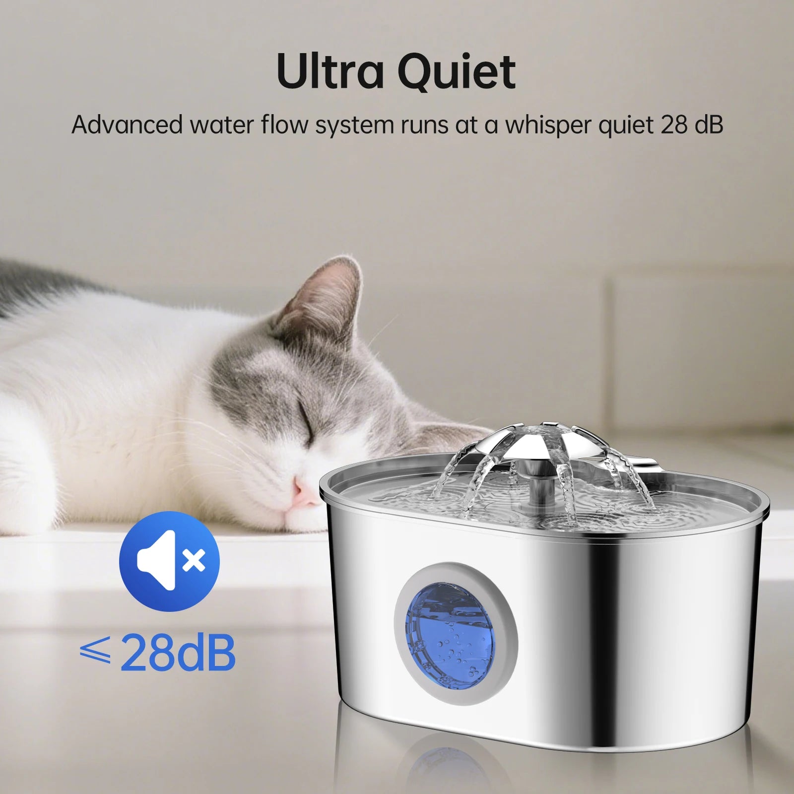 Stainless steel ZKYJ cat water fountain by Showlu Fashion Store showing a sleek, quiet pet water dispenser with flowing water.