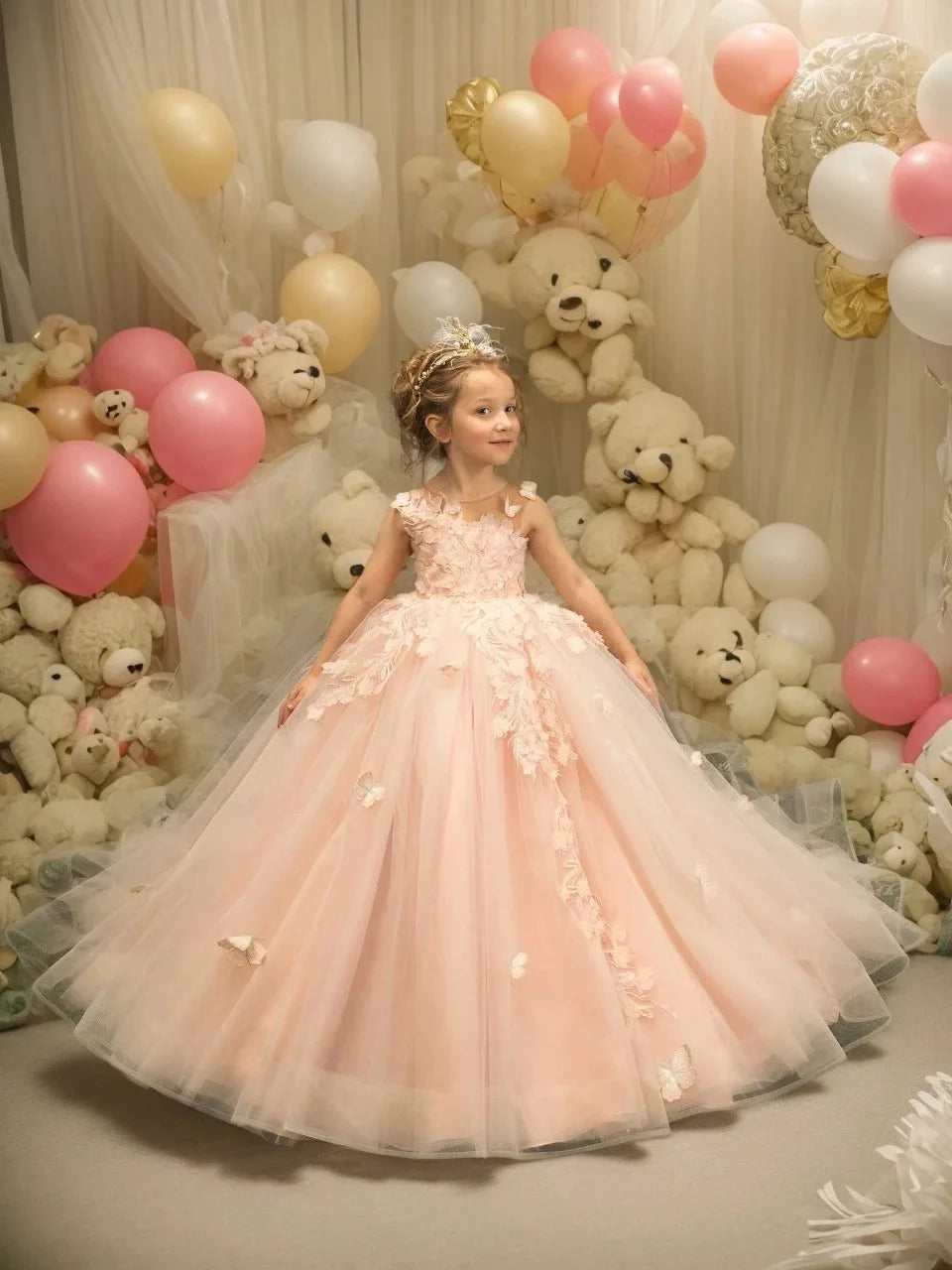 Pink flower girl dress with lace applique and tulle for first communion, by Showlu Fashion Store