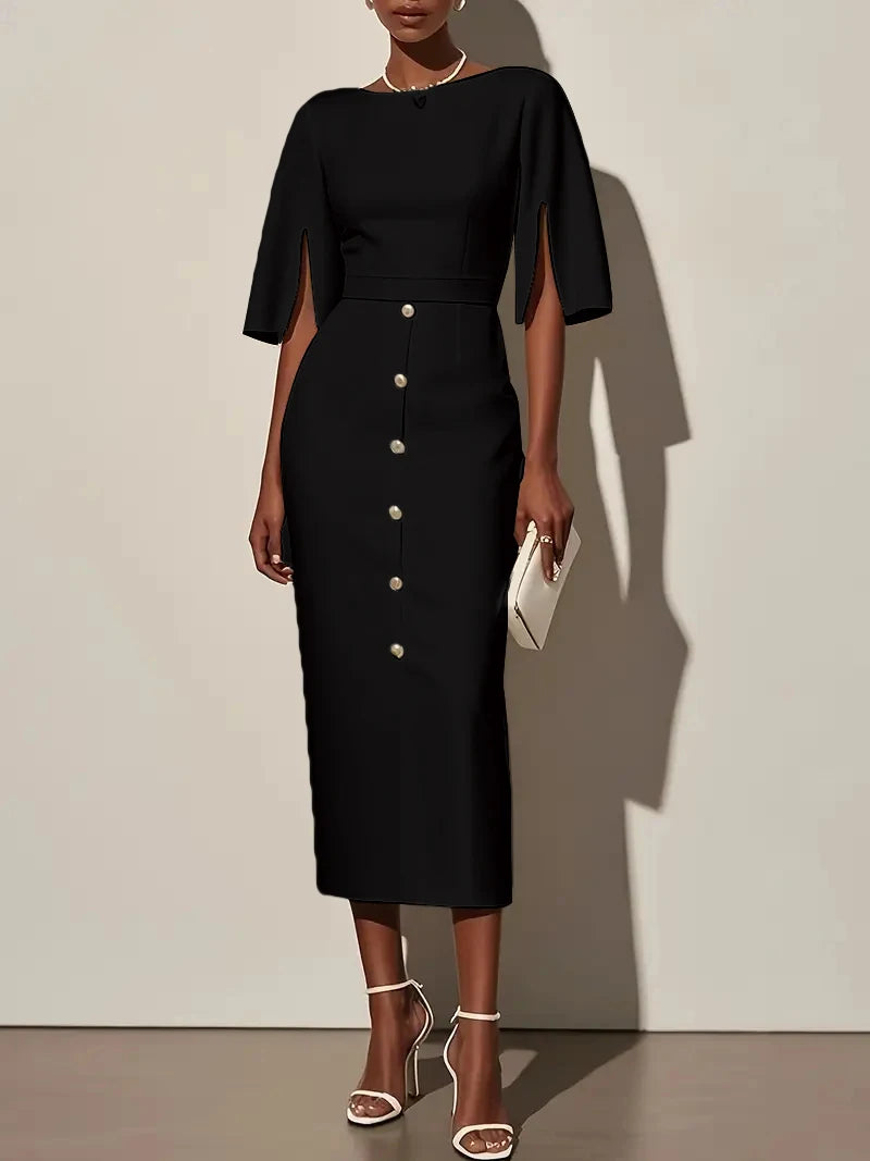 Slim fit mid-calf sheath dress with split sleeves by Showlu Women's Fashion, featuring a sleek design and elegant style.