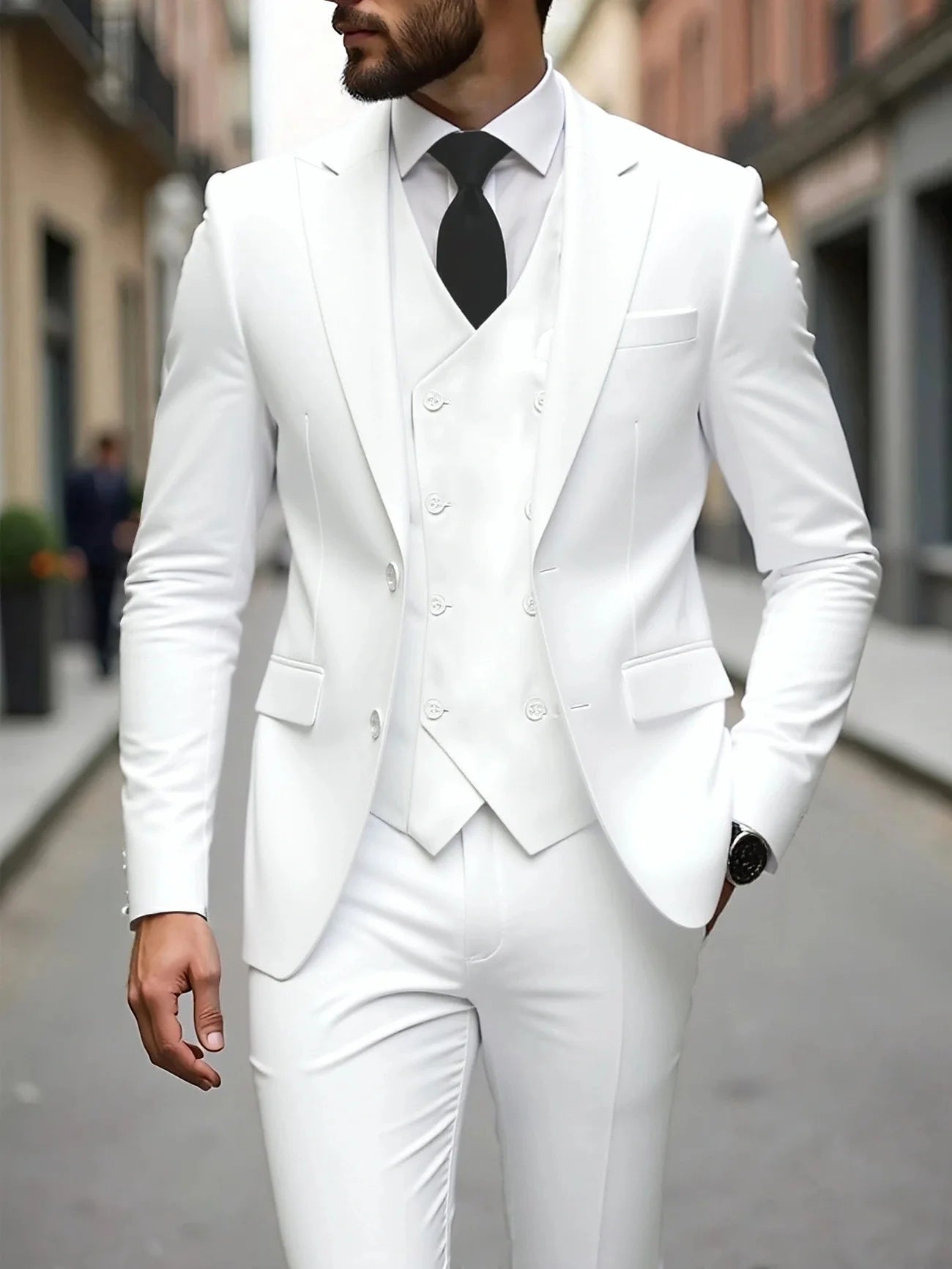 Classic wedding tuxedo for men, slim fit groom suit with jacket, vest, and pants, ideal for formal weddings and groomsmen.