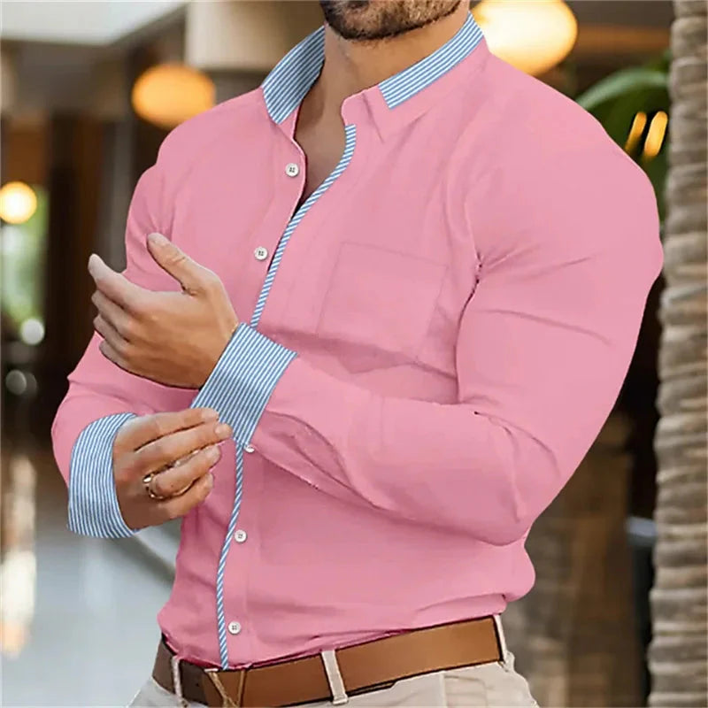 SHOWLU Men's slim fit dress shirt with 3D stripe print and bamboo fiber fabric, stylish and comfortable men's shirt for formal wear