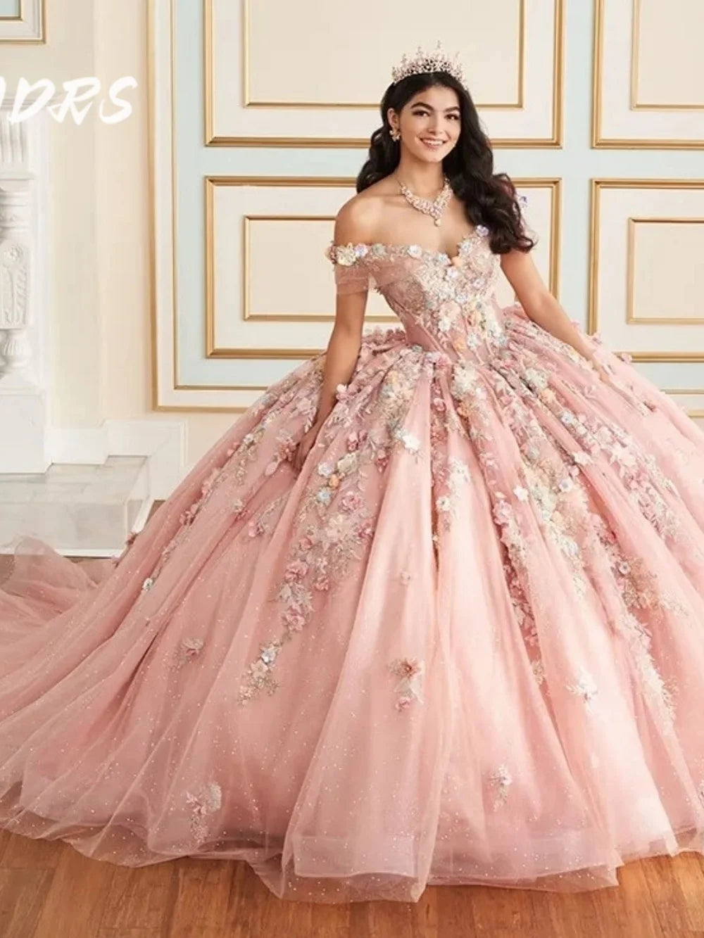 Showlu Fashion 3D Flower Quinceanera dress, off-shoulder tulle ball gown with intricate floral details for 2025 celebrations.