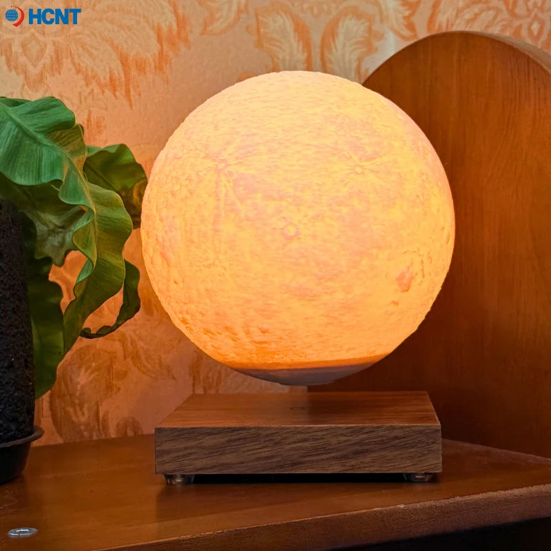 Magnetic levitating moon lamp by Showlu Smart General floating above a base with a realistic moon surface design.