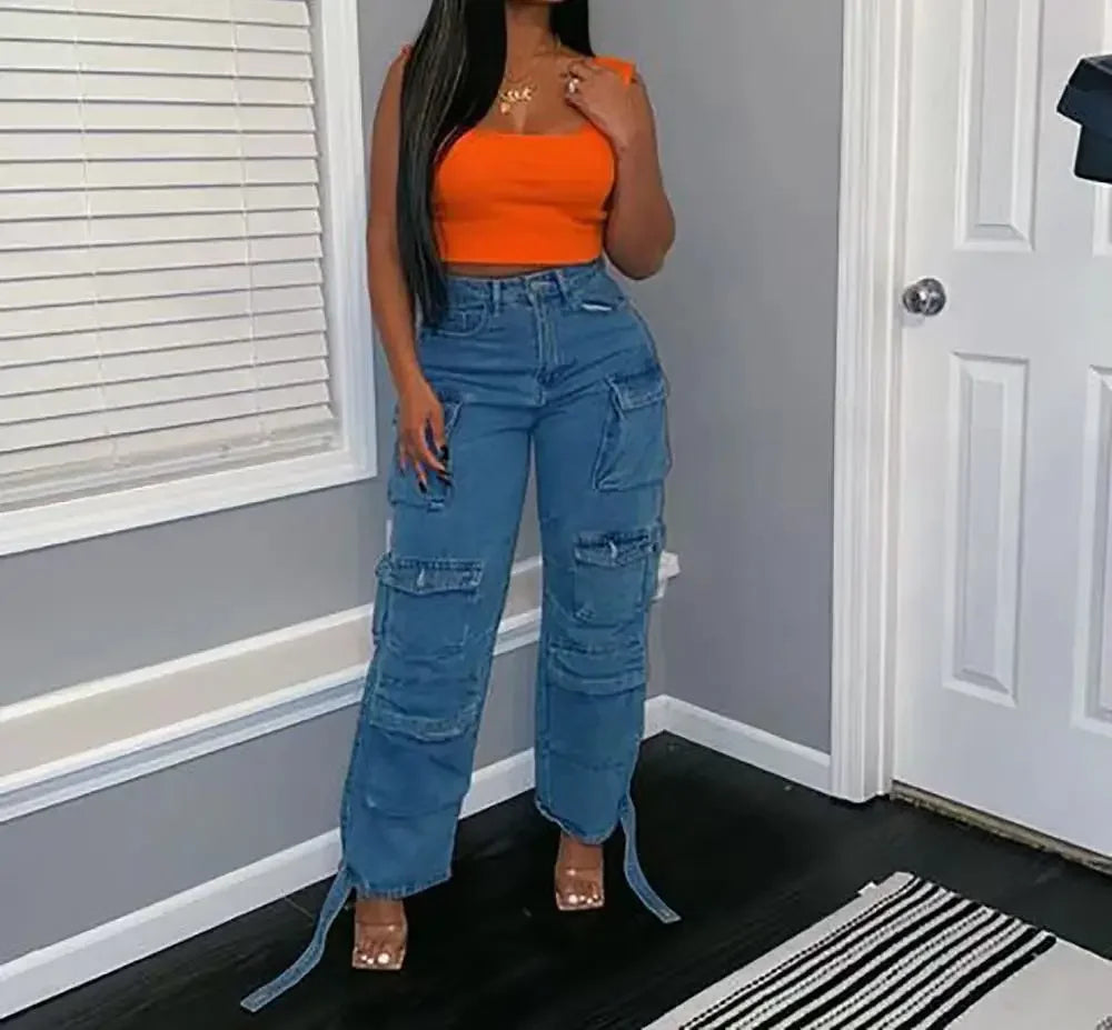 Naupang women's high-waisted cargo jeans with a loose fit and multiple pockets in denim, showcasing stylish casual denim pants.