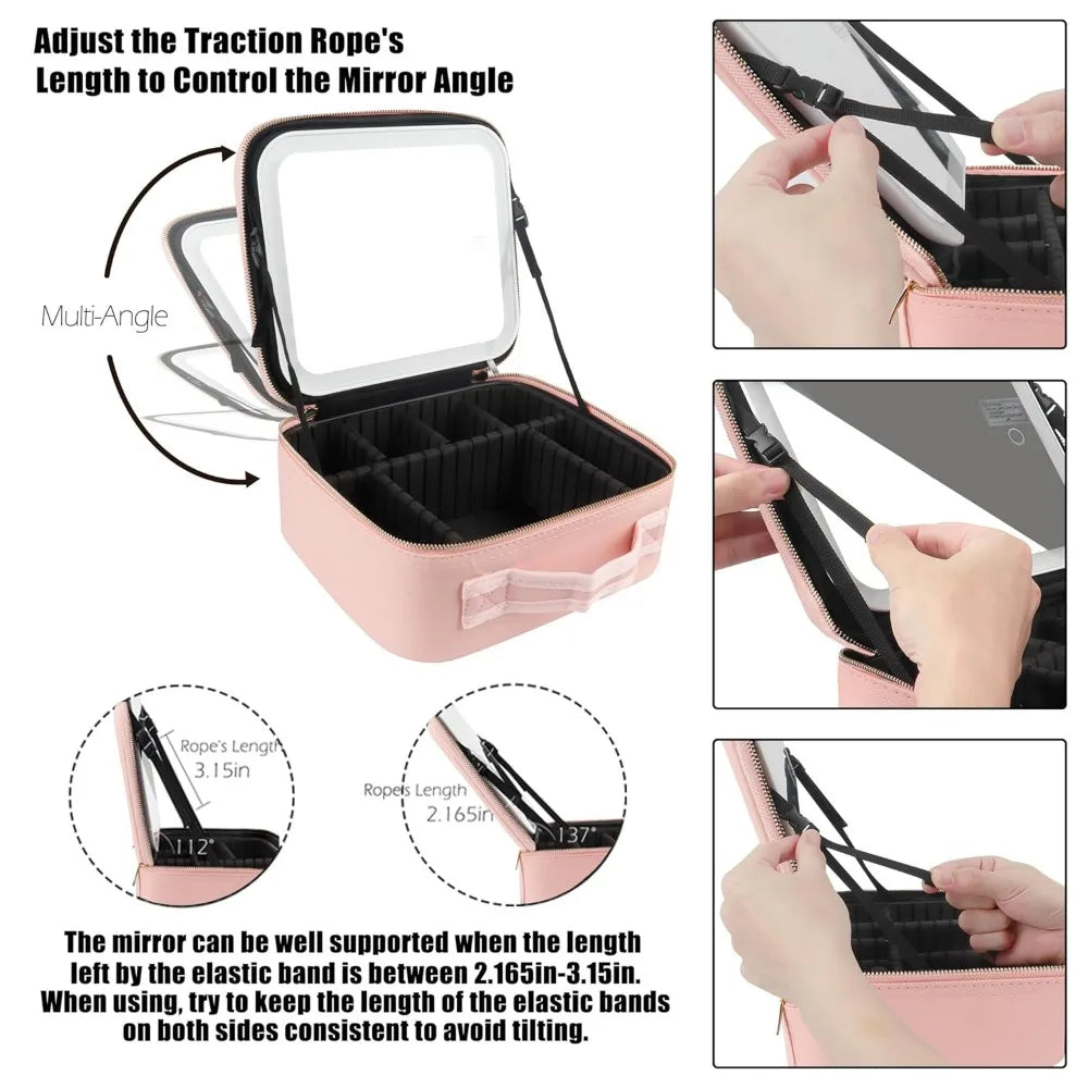 SHOWLU makeup bag with LED mirror and large travel cosmetic organizer, featuring multiple compartments and sleek design.