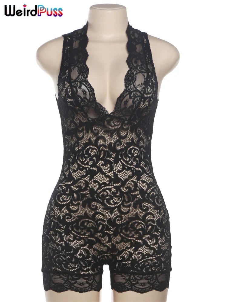 Weird Puss women's lace V-neck see-through romper, sexy skinny playsuit with delicate lace details and fitted silhouette.