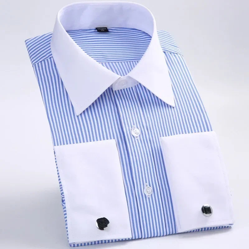 Men’s formal French cuff dress shirt by Showlu Fashion, long sleeve, solid striped style, plus size, includes cufflinks.