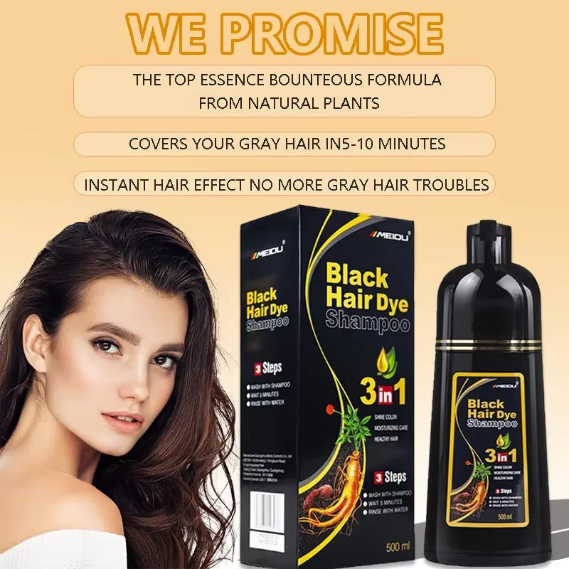 Meidu 3-in-1 Instant Hair Dye Shampoo bottle with natural herbal color, 500ml, featuring vibrant packaging and product details
