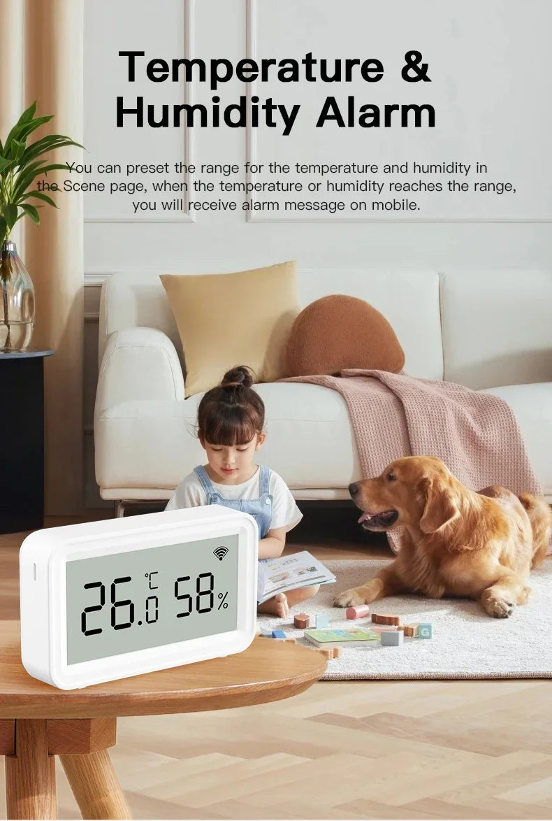 Showlu Smart WiFi temperature and humidity sensor with app control, Zigbee compatible, shown in a sleek compact design.
