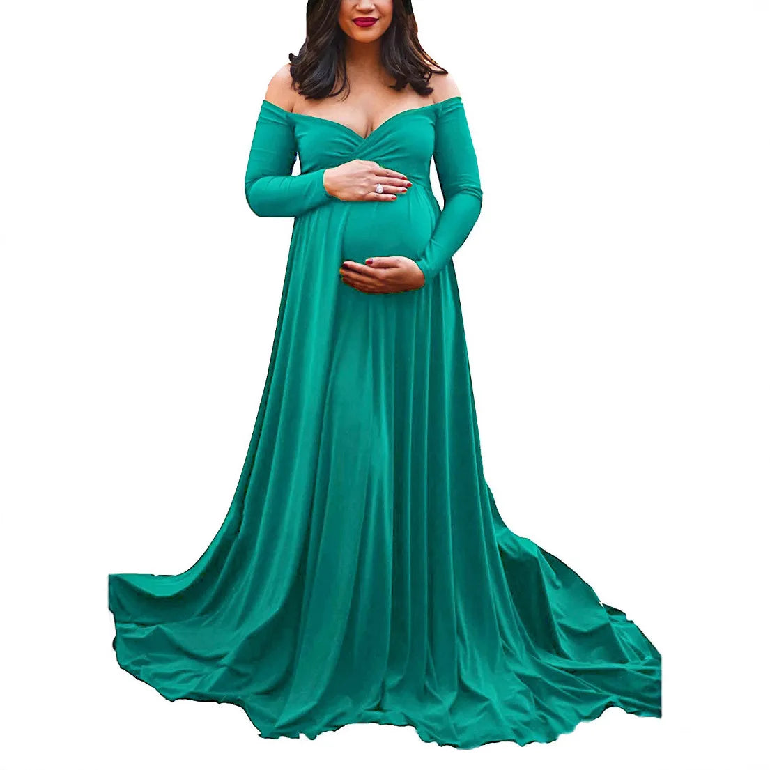 European and American women's maternity silk-cotton blend maxi dress with V-neck and train, perfect for photoshoots and special occasions.