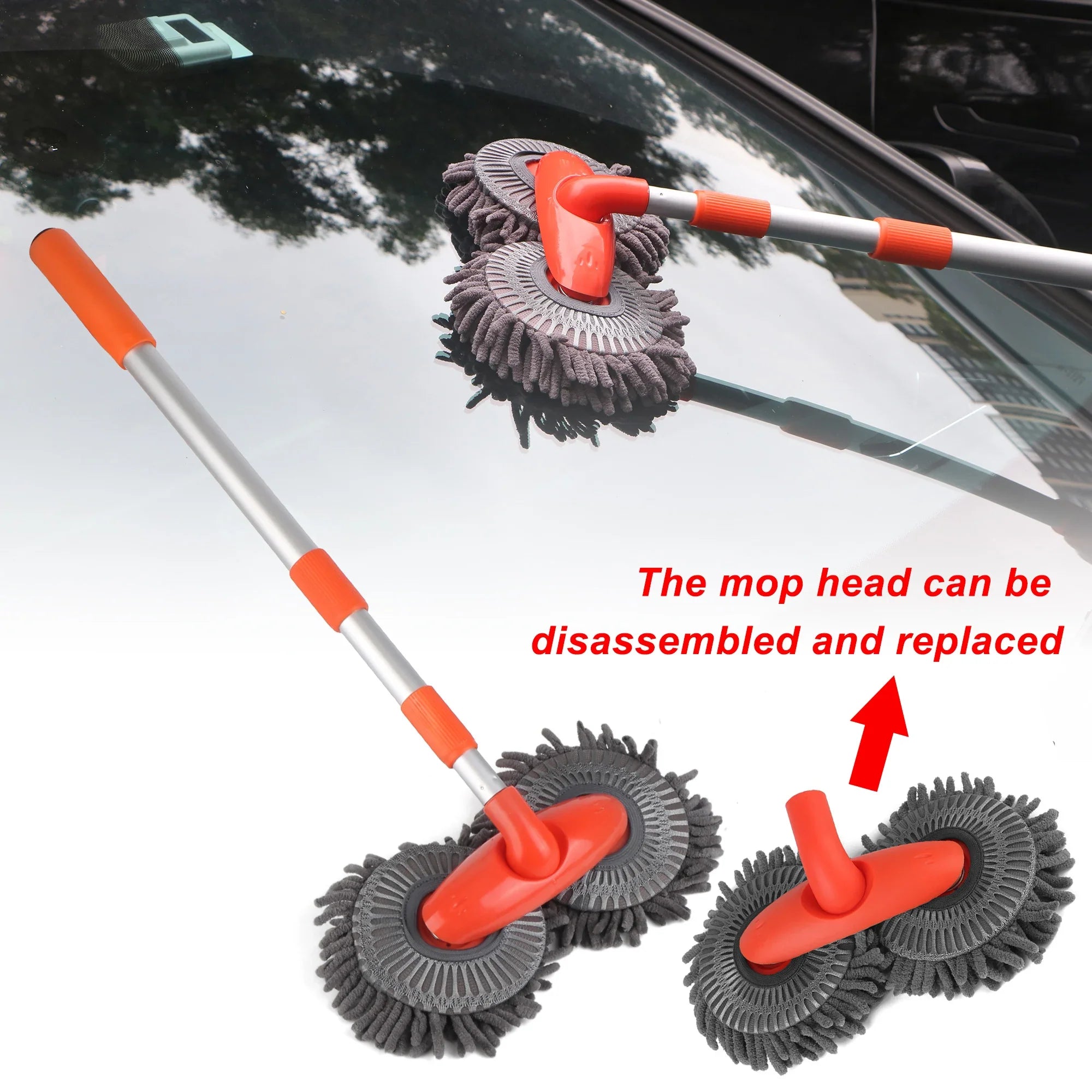 LEEPEE rotating double brush head car wash mop with telescopic handle and chenille microfiber for cleaning vehicles easily