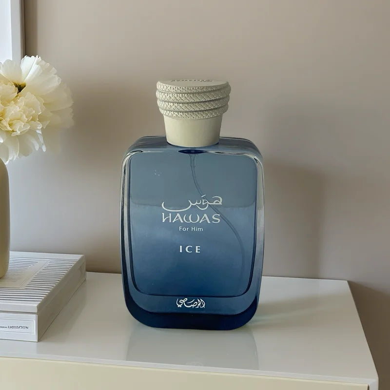 Rasasi Hawas Ice men's eau de parfum bottle with 100ml volume, showcasing the sleek design and icy blue accents.