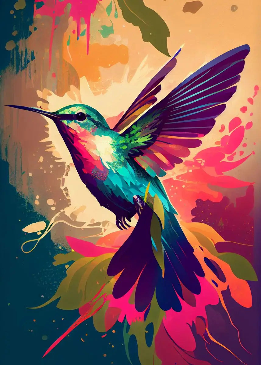 Colorful watercolor hummingbird and flower wall art canvas print for living room decor, featuring vibrant bird and floral designs.