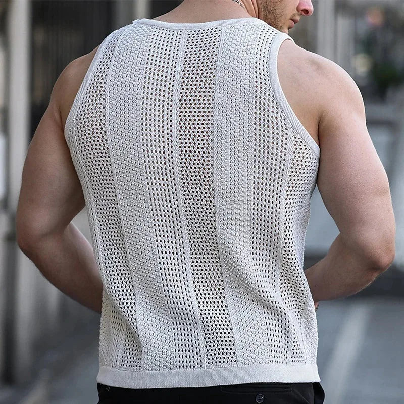 Slim knit men's tank top by DUTRIEUX featuring hollow sleeveless design, perfect for summer casual wear.