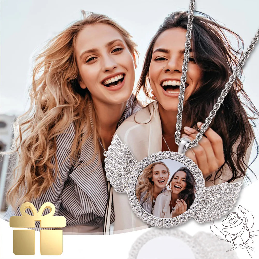 Showlu Custom Angel Wing Photo Necklace with zinc alloy memory pendant, featuring intricate angel wing design and space for a photo.