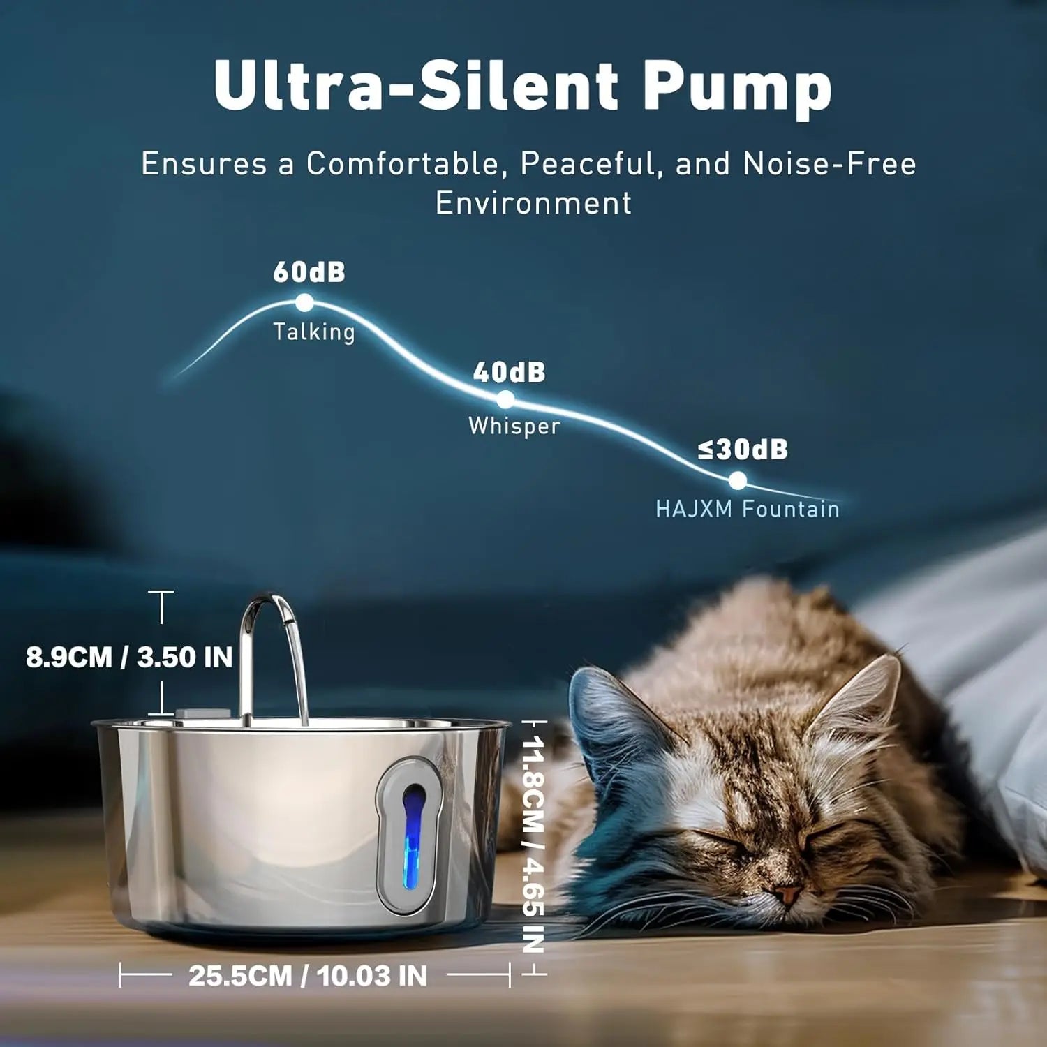 Stainless steel OYES cat water fountain with 135oz capacity, automatic pet dispenser, and modern design for fresh drinking water.