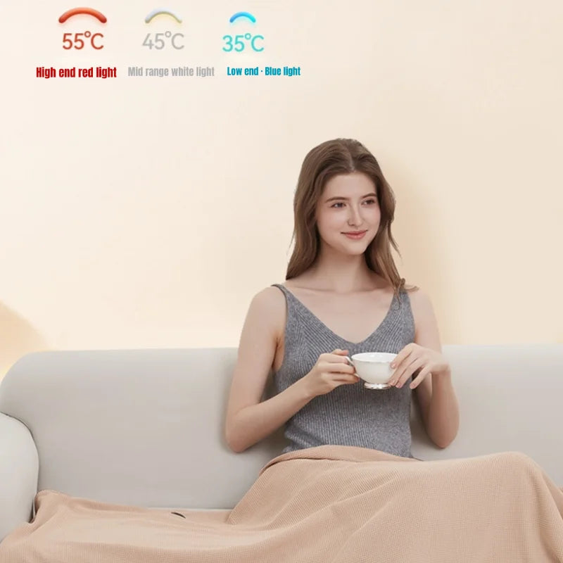 Showlu Smart General USB heated blanket shawl with 3-level electric warmth, soft fabric and adjustable temperature control.