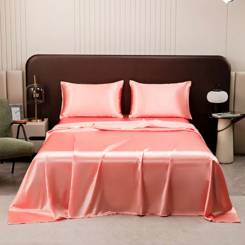 SHOWLU Satin Silk Flat Bed Sheet in smooth polyester with 500TC, showcasing a luxurious, silky texture on a neatly made bed.