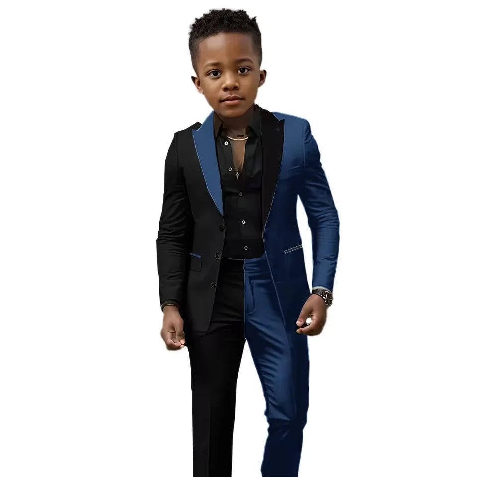 Black and white boys wedding suit 2-piece tuxedo set with slim fit, customized design for ages 2T-16T, perfect for special occasions.