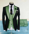 Slim fit black men's business suit by Showlu Smart General, including tuxedo jacket, pants, and vest for formal occasions.