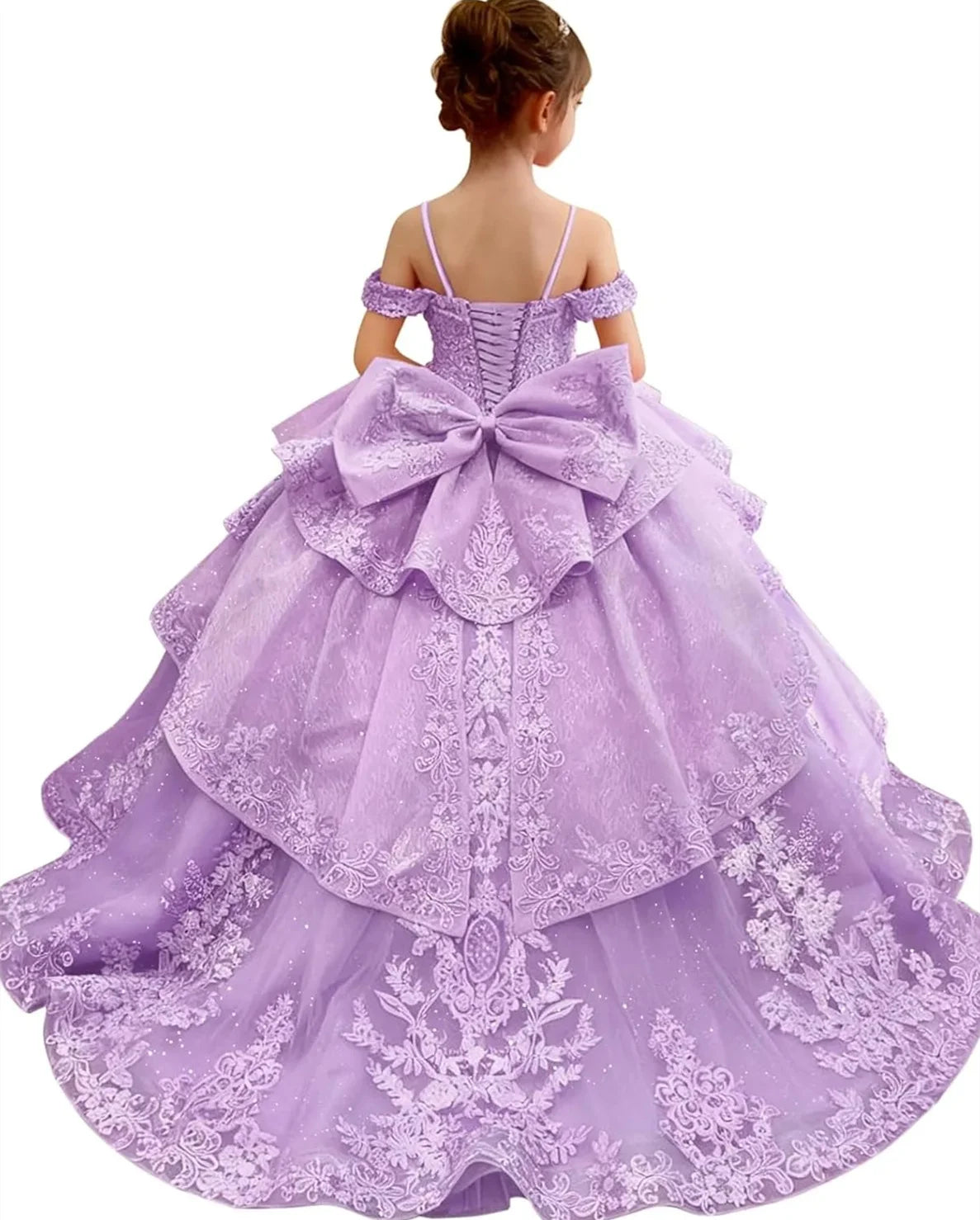 Pink flower girl dress with bowknot appliques, short sleeves, floor length, for wedding, birthday, or communion, by Showlu Fashion.