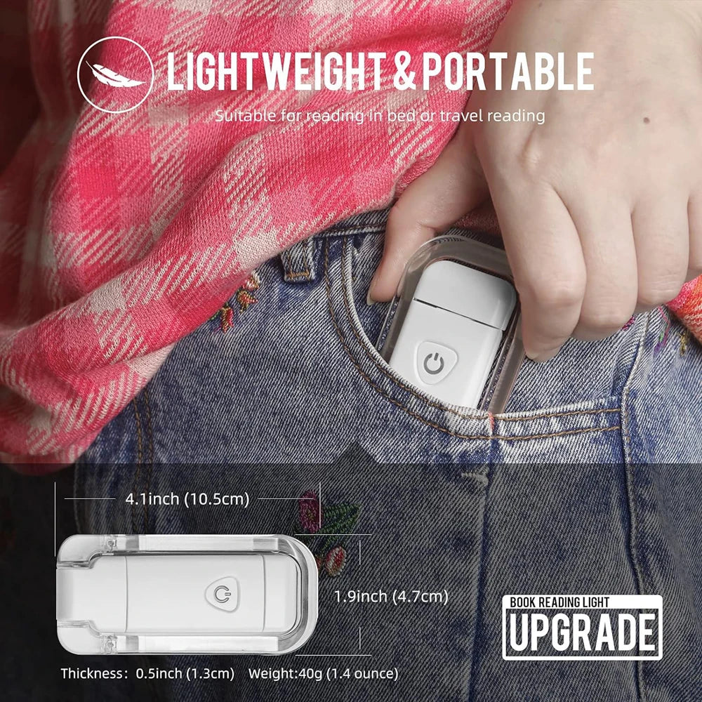 USB rechargeable amber book light by Showlu Smart General, showing compact design with adjustable brightness for reading.