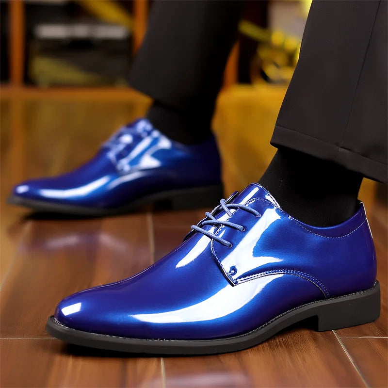 Men's pointed toe dress shoes in red PU leather with lace-up design by SOVOB, ideal for formal and social occasions.