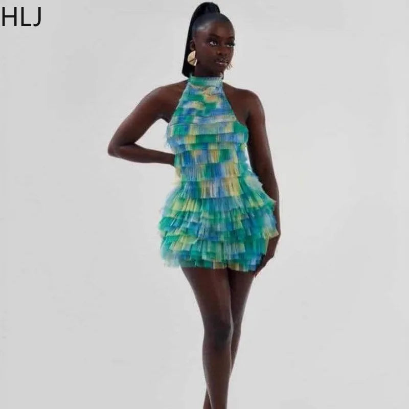 Sexy mesh ruched patchwork bodycon dress for women, backless halter design, gradient pattern, perfect for summer streetwear and stylish occasions.