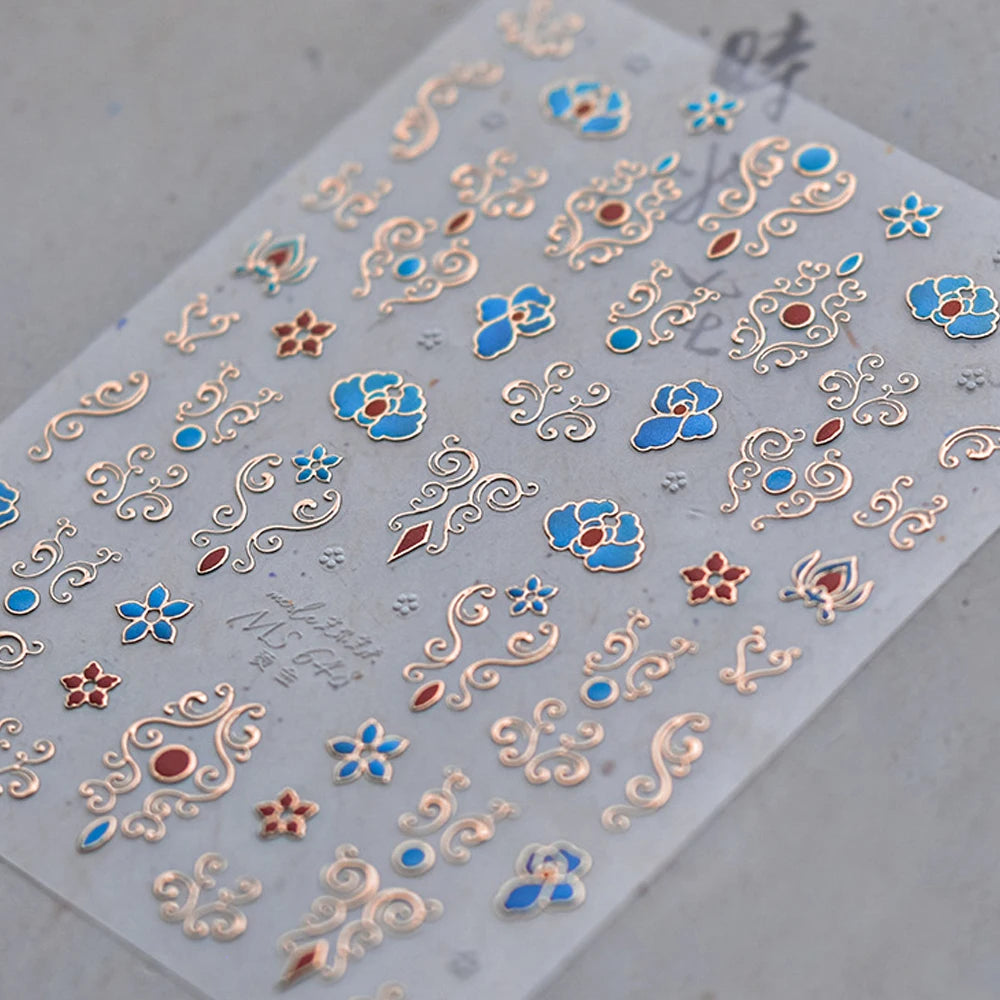Elegant gold scepter 5D nail art stickers with gemstone design, showcasing luxurious courtly pattern for manicure decoration