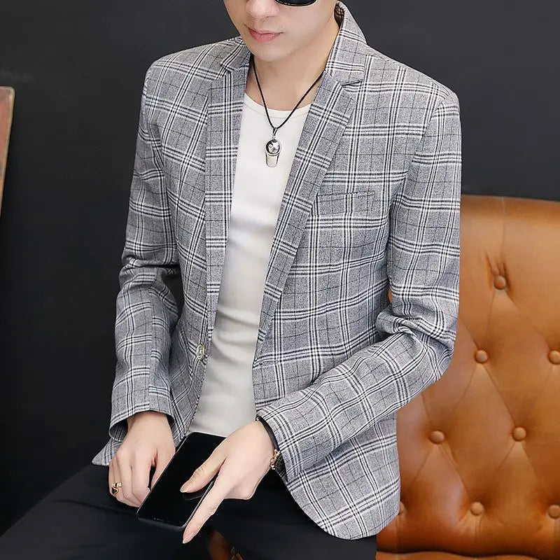 Men's slim fit striped plaid blazer by SHOWLU FASHION STORE, casual Korean style jacket with tailored fit and stylish pattern.