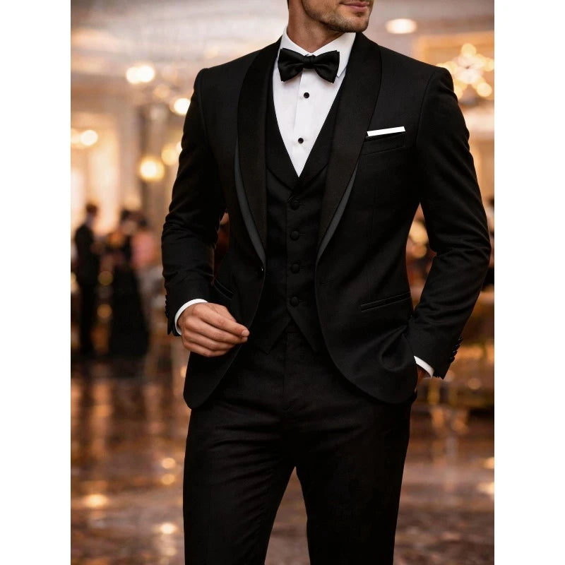 Men's classic black tuxedo suit set by Showlu Smart General featuring a shawl lapel dinner jacket, dress shirt, and matching trousers.