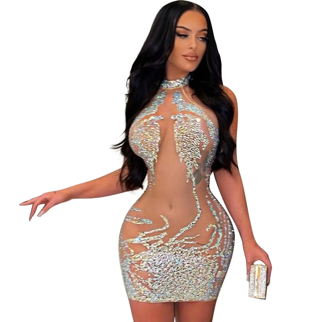 Risbrdfly women's rhinestone mesh mini dress by SHOWLU FASHION STORE, featuring a sexy sheath bodycon design with sparkling rhinestones.