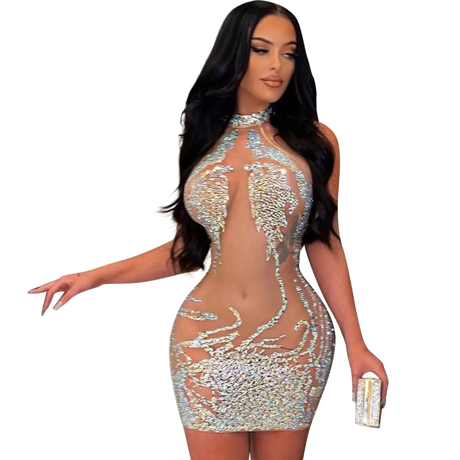 Risbrdfly women's rhinestone mesh mini dress by SHOWLU FASHION STORE, featuring a sexy sheath bodycon design with sparkling rhinestones.