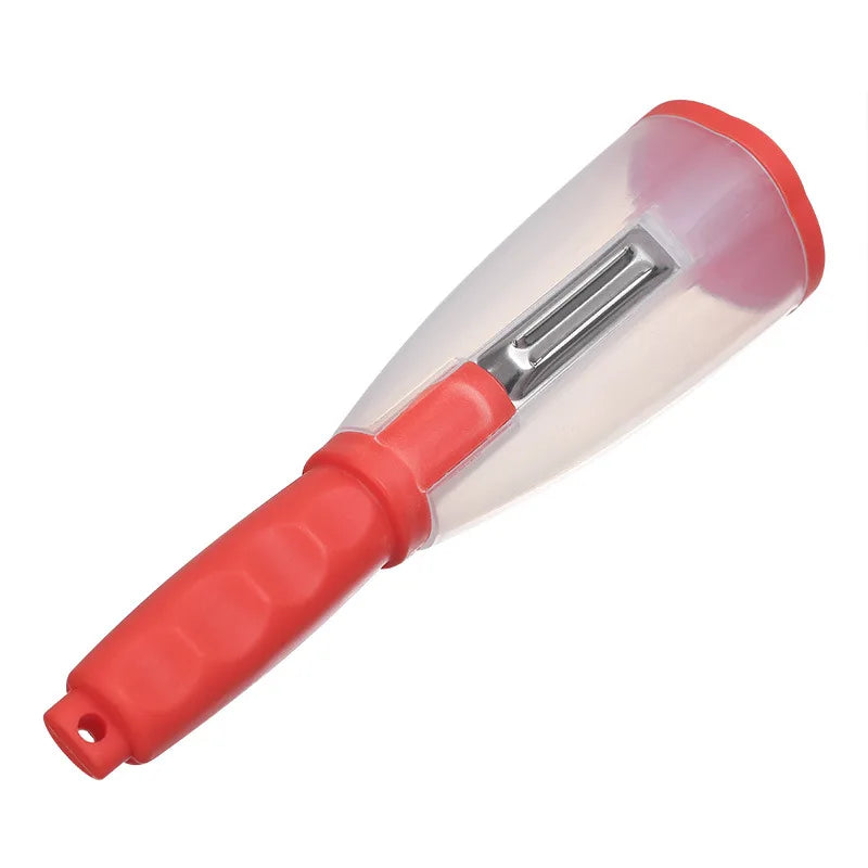 Showlu Fashion Store multifunctional peeling knife with storage tube, designed for peeling apples and household kitchen use.