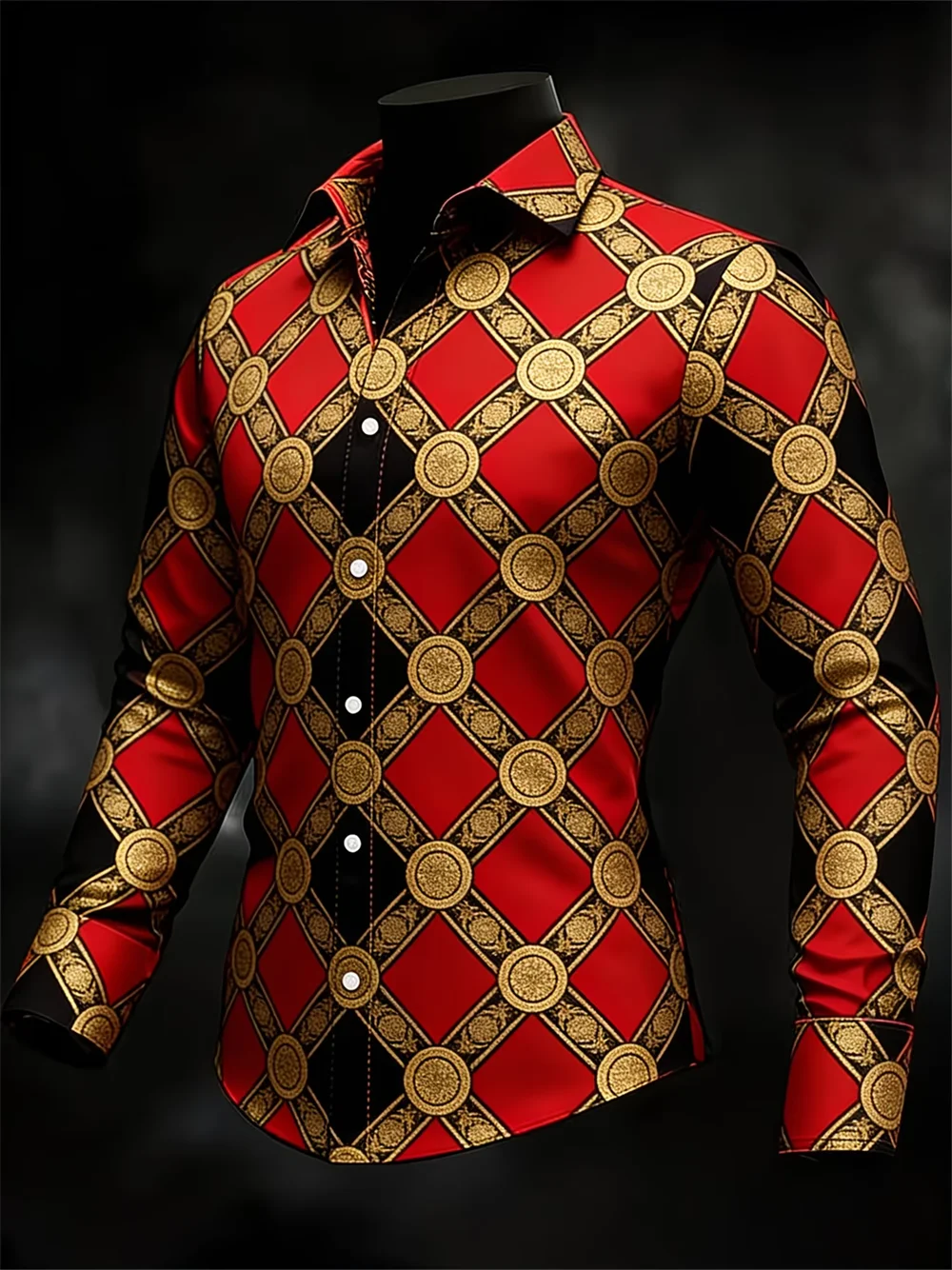 Men's long sleeve shirt with 3D clover print, casual collar top by Showlu Fashion Store, featuring high-quality pattern fabric.