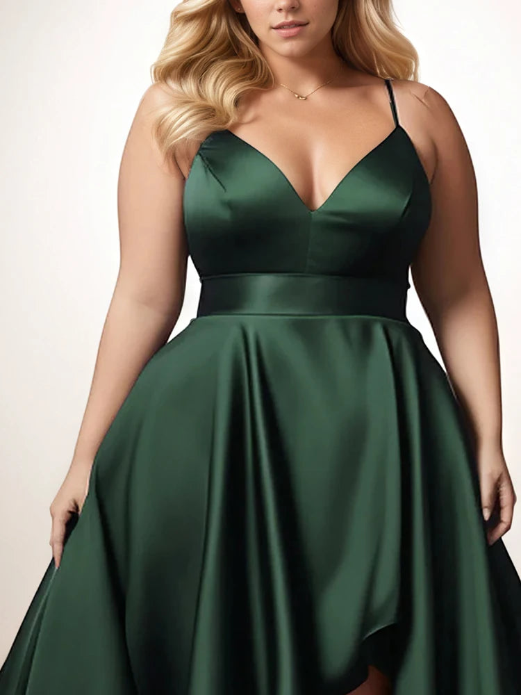 Elegant plus size evening dress for women with spaghetti straps, pleated A-line design, V-neck, and irregular hem for summer parties.