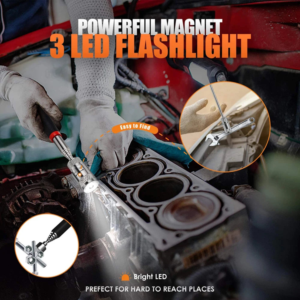 Showlu Smart General telescopic magnetic pickup tool with LED light, featuring extendable arm and magnetic head for retrieving metal objects.