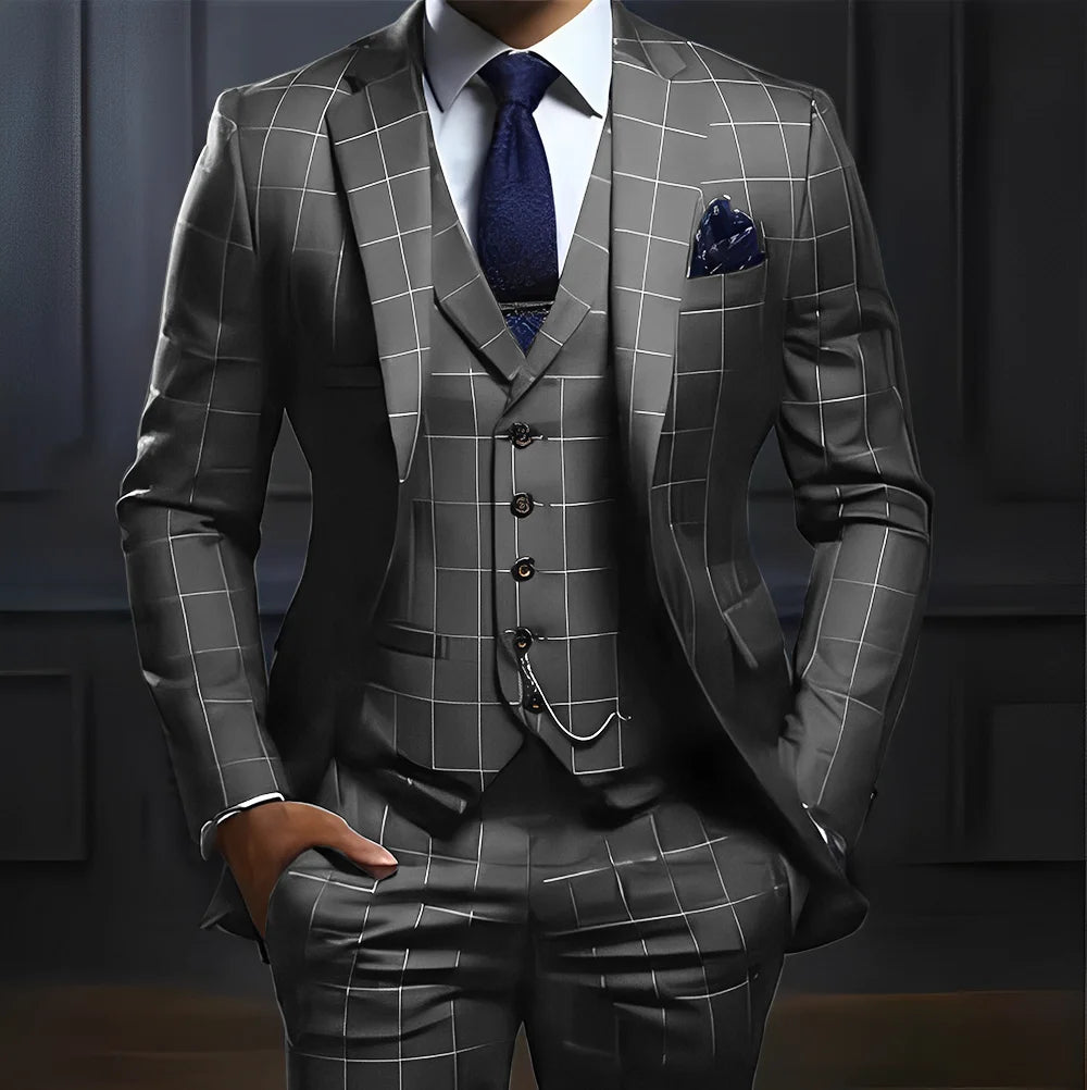 Showlu Men's 3-Piece Plaid Suit with slim fit, formal wedding tuxedo, featuring a plaid jacket, vest, and matching trousers.