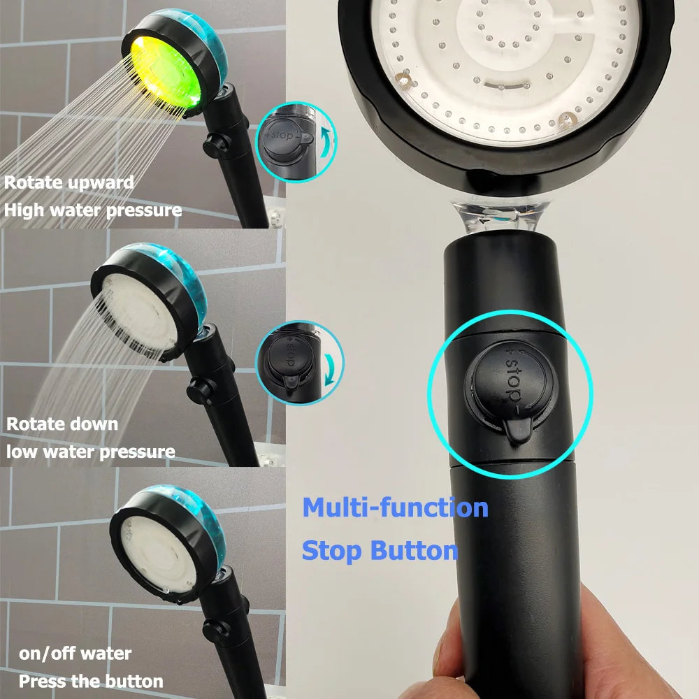 Showlu Smart LED handheld shower head with temperature display and adjustable pressure, shown in a modern bathroom setting.