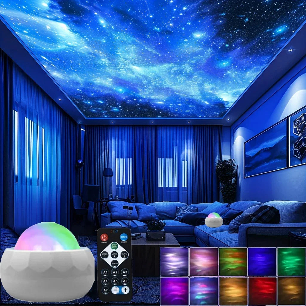 Showlu Smart General Aurora Borealis projector displaying vibrant green and purple northern lights on a dark room wall.